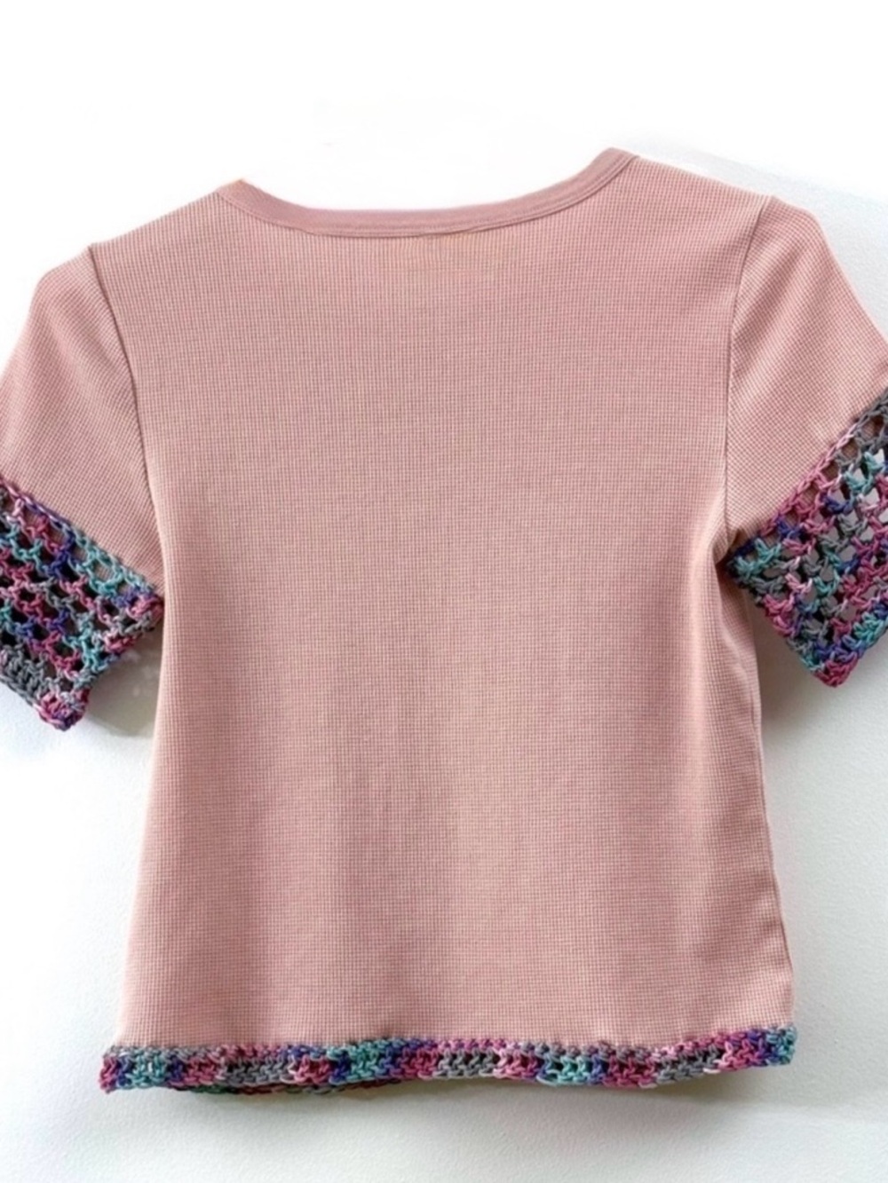 Up-Cycled Old Navy Pink Ribbed Tee | “Luna Papillon Handmade” Heart Crochet Tee - Picture 7 of 9